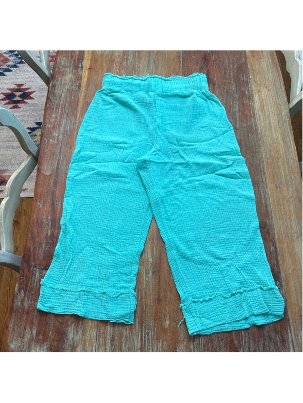 Kaktus Gauze Wide Leg Pants Turquoise Teal Raw Hem Elastic Waist Cropped Beach M